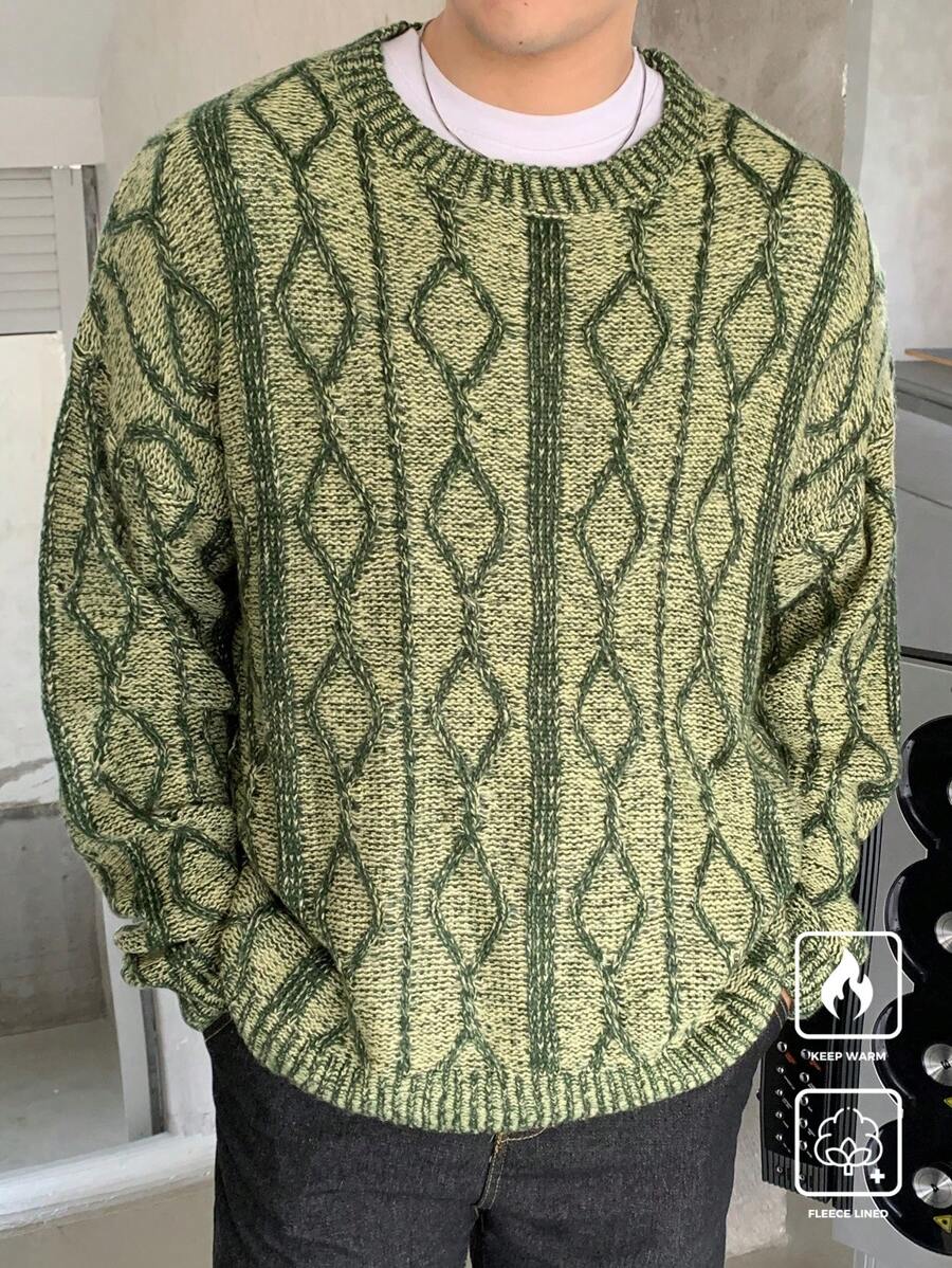 Manfinity CasualKnits Jersey de cuello redondo de manga larga con bloque de color a cuadros minimalista para hombre, informal para uso diario, salir, amigos - Verde - Ver 1