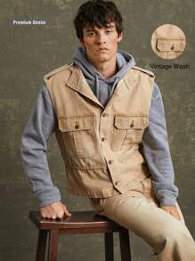 Premium Cotton Denim Tactical Utility Vest - Camel - View 9
