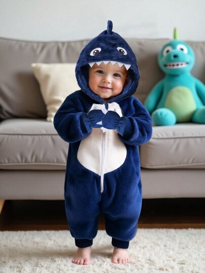 SHEIN Playful Pals 2 件套男婴蓝色和白色双面法兰绒怪物爪装饰连帽长袖连身衣和手套套装，家居服