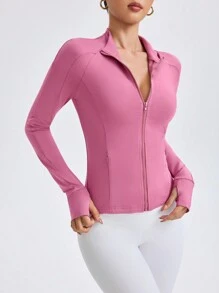 Easithlete Áo khoác thể thao thường ngày dài tay khóa kéo phía trước màu trơn cho nữ, mặc hàng ngày - Màu tím - Xem 7