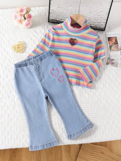 女婴彩色罗纹镂空刺绣上衣和水洗牛仔喇叭裤套装，休闲时尚，适合户外和聚会活动，秋春