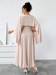 DreamSkyne Plus Size Women Elegant Solid Color Fish Tail Hooded Cape Midi Dress Maxi Women Outfit - Baby Pink - View 2