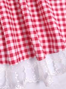 SHEIN LUNE 格纹印花方领撞色优雅短袖连衣裙酒红色女装 - 酒紅色 - 查看 5