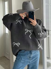 DAZY Women's Round Neck Loose Bowknot Print Casual Long Sleeve Sweater,Fall Clothes - Dark Grey - View 7