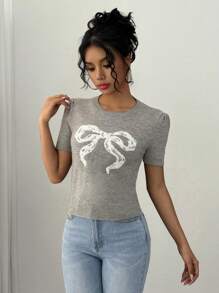 SHEIN Unity 1pc Women's Cute Jacquard Bow Knitted Sweater, Suitable For All Seasons - Grey - View 1