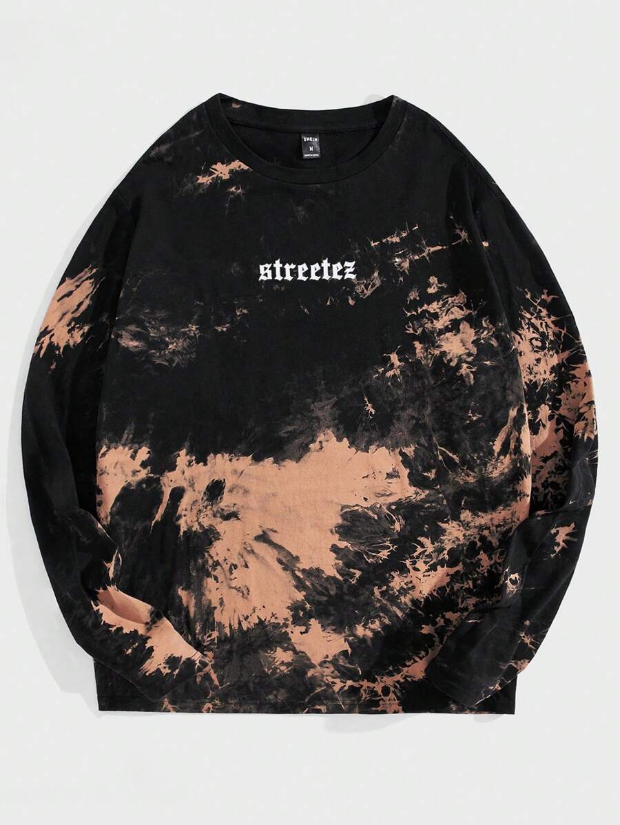 Manfinity RebelGame 男士宽松扎染英文字母印花圆领长袖针织 T 恤，时尚，适合外出 - 彩色 - 查看 1