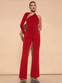 SHEIN BAE Elegant Women's Asymmetric Neckline Oblique Shoulder Flared Jumpsuit, Daily, Dating, Club, Party Outfit, Autumn - Red - View 6