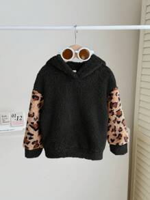 SHEIN Leap Crew Sweat-shirt mignon à manches longues pour bébé fille, patchwork à imprimé léopard et peluche, pour l'automne/l'hiver - Multicolore - Voir 3