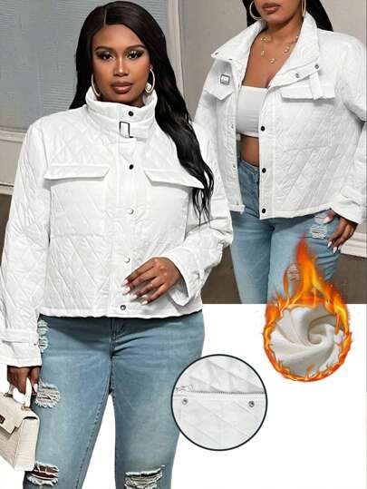 Slaydiva Plus Size Winter Vintage Streetwear Style Cropped Long Sleeve Padded Coat With Large Pocket, For Autumn/Winter