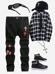 Quần Jeans Ống côn in họa tiết chữ thập màu đen cho bé trai tuổi teen, trang phục thường ngày, đơn giản và thời trang - màu đen - Xem 1