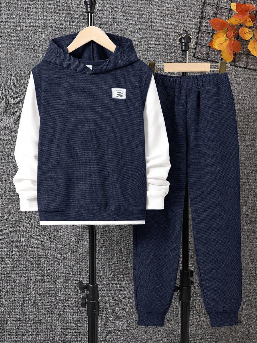 SHEIN Set de 2 piezas para niños preadolescentes que incluye sudadera con capucha 2 en 1 + pantalones de unicolor