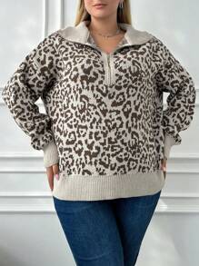 RueChic Plus Zipper Detail Relaxed Fit Leopard Jacquard Sweater, For Winter - Multicolor - View 5