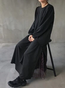 FRIFUL Women's Round Neck Long Sleeve Mesh Contrast Midi Dress,Fall Dress - Black - View 1