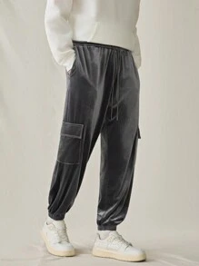 Manfinity VCAY Pantalones jogger de ajuste holgado con cintura elástica y bordado en inglés, de moda casual de punto para hombres jóvenes - Gris - Ver 3