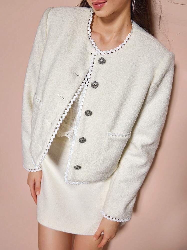 New Autumn Winter Products,Women's Solid Color Long Sleeve  Single Breasted Lace Trim Elegant  Short Coat, Autumn Winter,Fall Winter Women's Clothing,Fall Women Outfits,Winter Clothes,Cold Weather Clothes,Christmas Women Clothes,New Years Clothes