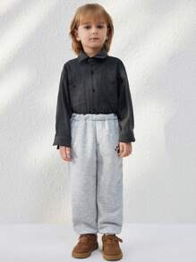 Blossori Young Boys' French Elegant Gray Letter Print Knitted Loose Elastic Waist Sweatpants For Autumn/Winter - Grey - View 5