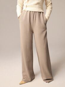 Athîral Women Solid Color Pocket Wide Leg Loose Casual Sweatpants