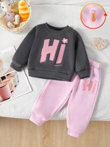 2pcs Baby Girl 2024 Thermal Lined Sweatshirt & Pants Set, Casual Shoulder Insert Letter Print, Pink, Autumn/Winter - Dark Grey - View 1