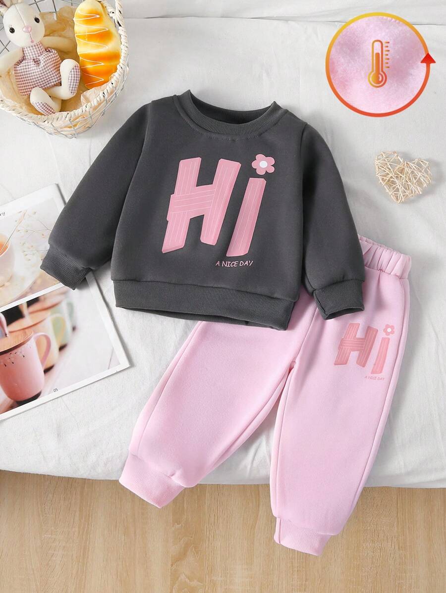 2pcs Baby Girl 2024 Thermal Lined Sweatshirt & Pants Set, Casual Shoulder Insert Letter Print, Pink, Autumn/Winter - Dark Grey - View 1