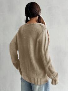 SHEIN EZwear Áo len thường ngày cổ tròn dài tay in hình cờ Hoa Kỳ cho nữ, Thu/Đông - Màu Khaki - Xem 2