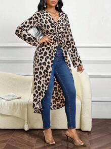 SHEIN Lady Leopard Print Shirt V-Neck Long-Sleeved Shirt Elegant Shirt With Front Twist Design Long Sleeve Shirt Mexican Tops Fall Women Tops