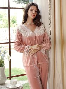 1 Set Women Velvet Lace Ruffle Trim Button Down Shirt And Pants Pajama Set - Pink - View 5