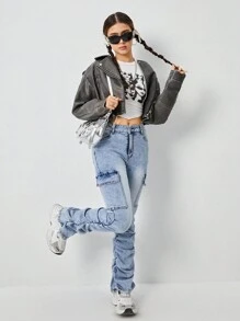 Jeans acampanados de mezclilla desgastada con pliegues y bolsillos con solapa, denim superpuesto, de moda Y2K para niñas - Azul lavado medio - Ver 4