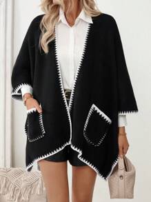 SHEIN LUNE Oversized Two-Tone Poncho Cape Style Loose Knit Cardigan, European/American Streetwear Vibe - Black - View 5