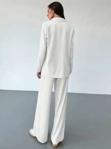 Aloruh New Elegant Commuter Suit Set With Silhouette Design, Long Suit Jacket, Winter, Business Casual, Elegant, White , Wide Leg,Baggy
