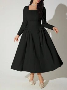 Modelyn Rochie de culoare solidă pentru femei, cu decolteu pătrat, talie, rochii lungi de seară de toamnă