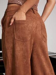 SHEIN Unity Women Solid Color High Waist Pockets Wide Leg Loose Casual Faux Suede Palazzo Pants