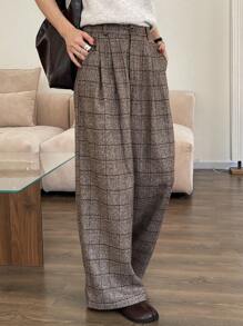 DAZY 格子阔腿宽松裤，带口袋，女士休闲商务裤 - 棕色 - 查看 4