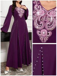 Al Najma High-End V-Neck Sequin & Rhinestone Embellished Dress For Autumn/Winter, Arabian Style, Elegant Maxi Modest Long Sleeve Jalabiya Arabian Dresses, For Evening Party/Wedding Guest/Anniversary - Purple - View 1