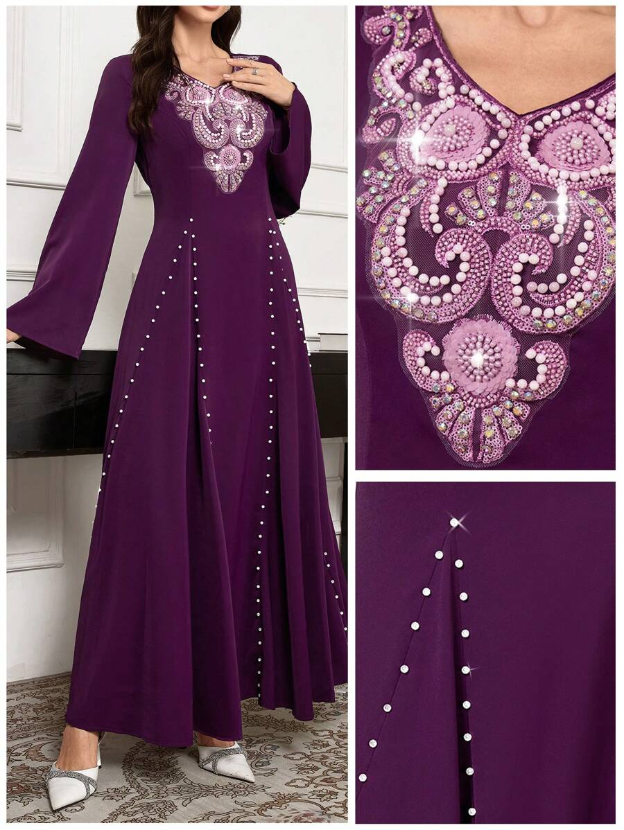 Al Najma High-End V-Neck Sequin & Rhinestone Embellished Dress For Autumn/Winter, Arabian Style, Elegant Maxi Modest Long Sleeve Jalabiya Arabian Dresses, For Evening Party/Wedding Guest/Anniversary - Purple - View 1