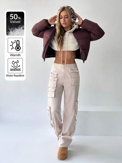 SHEIN EZwear Women's Solid Color Long Sleeve Casual Stand Collar Short Down Jacket, Winter