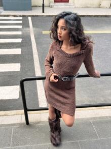 SHEIN Y2K Style Teen Girls Solid Color Hooded Thick Knit Sweater Dress, Moon Embroidery Decor, Minimalist Daily Wear, College Style