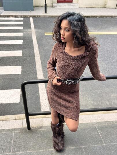 SHEIN Y2K Style Teen Girls Solid Color Hooded Thick Knit Sweater Dress, Moon Embroidery Decor, Minimalist Daily Wear, College Style