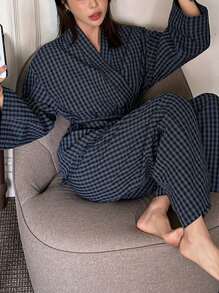 DAZY 女士休闲格子印花长袖睡衣套装，秋冬服装 - 藏蓝色 - 查看 5