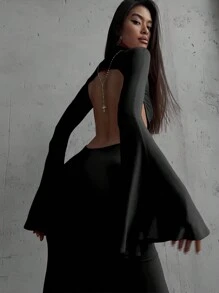 INAWLY 1 chiếc váy đơn giản thường ngày cổ đứng tay dài xẻ tà màu trơn cho nữ - màu đen - Xem 2