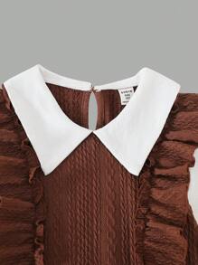 Vestido skater de niña preadolescente con cuello de volantes de punto sintético y cinturón, para primavera/otoño - Multicolor - Ver 4