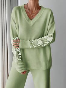 EURMUSE Women Pink Embroidery Detailed Sweater Set - Mint Green - View 3
