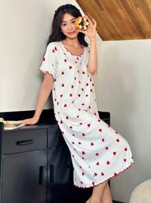 Dream Adore Camisón con estampado de corazón y dobladillo curvo de manga corta para mujer