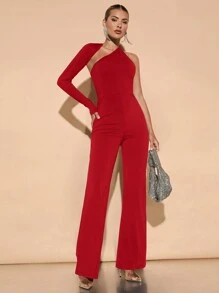 SHEIN BAE Elegant Women's Asymmetric Neckline Oblique Shoulder Flared Jumpsuit, Daily, Dating, Club, Party Outfit, Autumn - Red - View 1