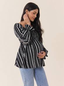 SHEIN Maternity Ditsy Floral Lantern Sleeve Blouse, Spring/Autumn - Black - View 2