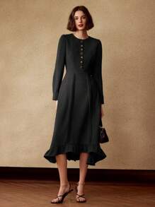 MOTF PREMIUM ROBE MIDI À VOLANTS ASYMÉTRIQUE À MANCHES LONGUES ET UNIE - Noir - Voir 7