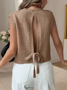 SHEIN Frenchy 女士后开衩系带花卉网眼针织背心 - 咖啡棕 - 查看 7