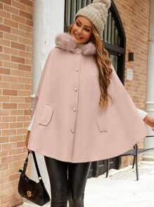 Chiquease 优雅通勤高贵品质毛领连帽口袋保暖防风保暖面料连帽斗篷式大衣