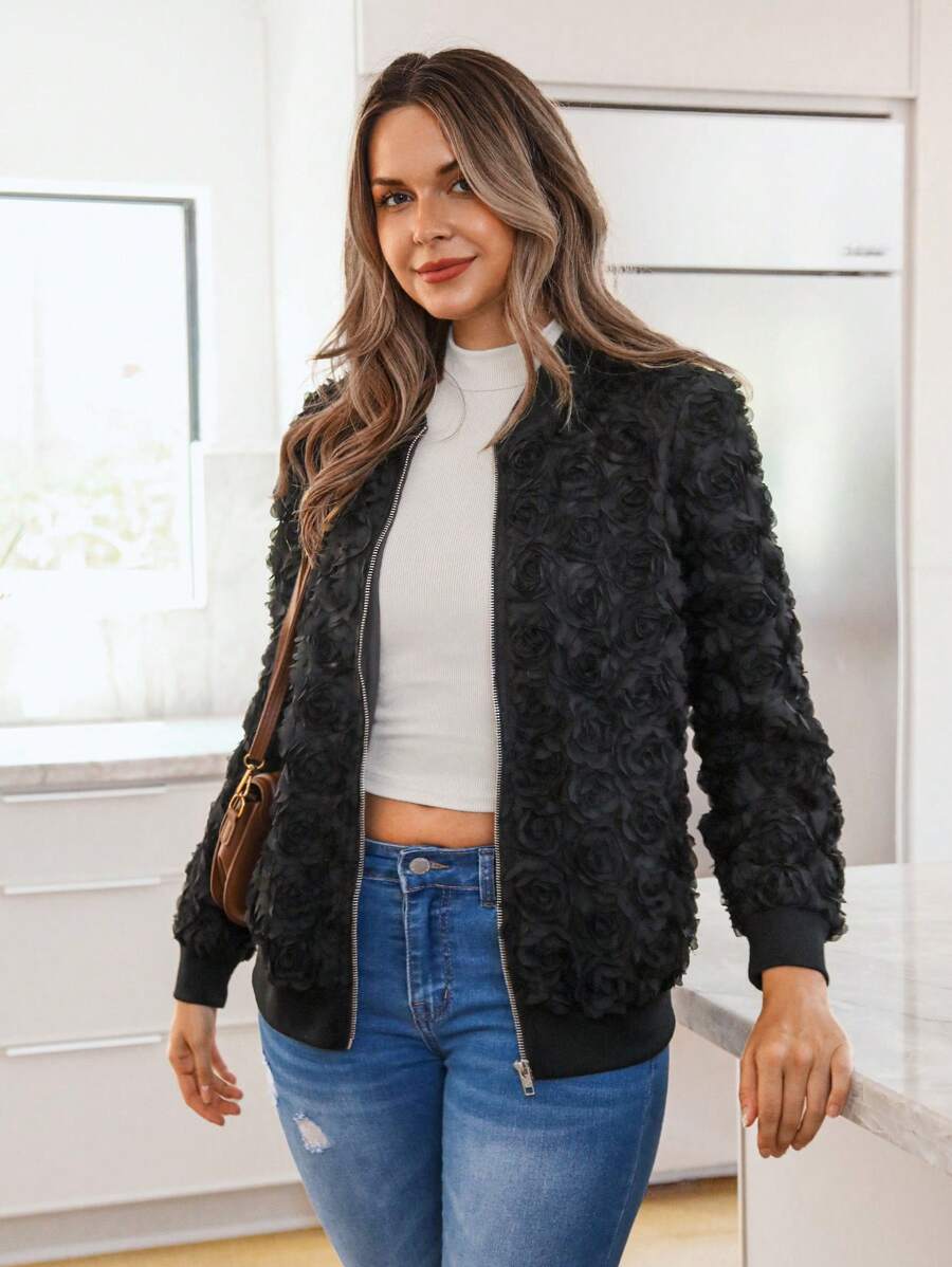 SHEIN LUNE Áo khoác bomber họa tiết hoa 3D thường ngày cho nữ - màu đen - Xem 1