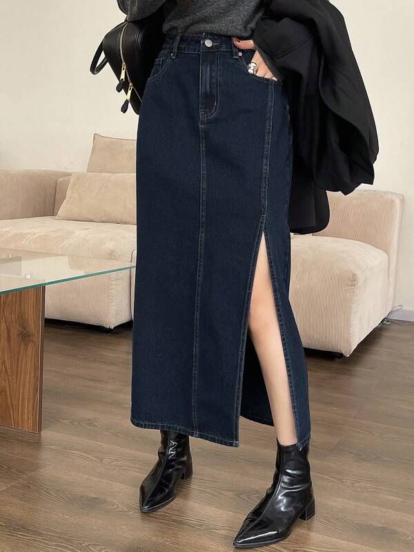 DAZY 1 bucată fustă lungă de denim casual, cu tiv lateral, pentru femei