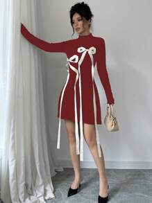 Selianne 女士蝴蝶结腰部毛衣连衣裙，适合新年衣服 - 紅色 - 查看 5